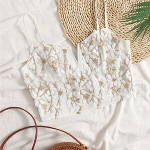 Shein Elegant White Floral Embroidered Corset Style Crop Top